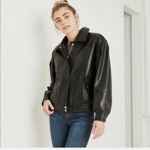 Black Faux Leather Bomber Jacket - Women's